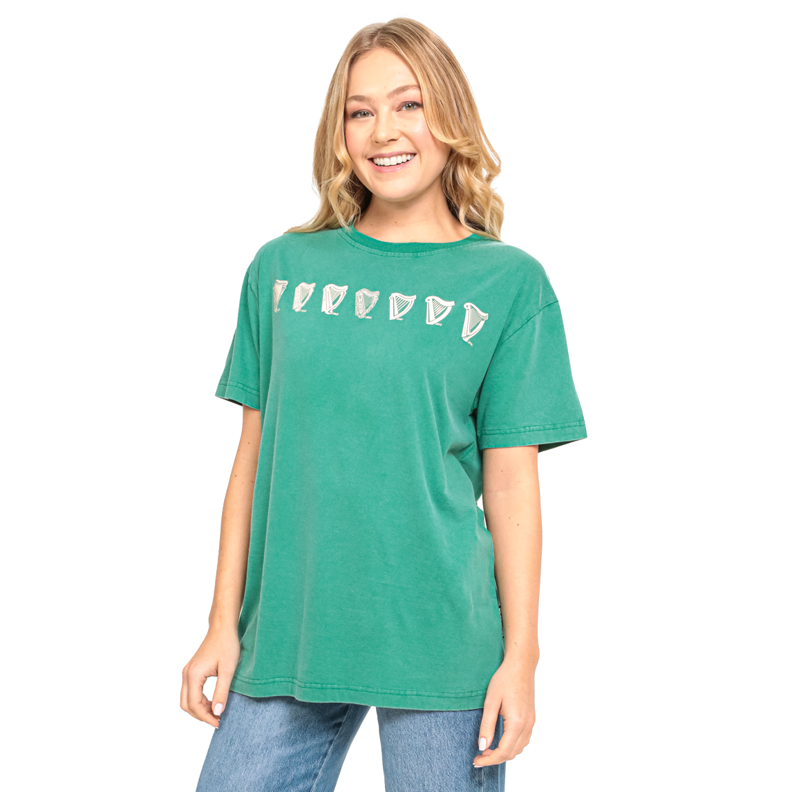 A woman wearing a Evolution Harp Green Tee featuring the Guinness logo.