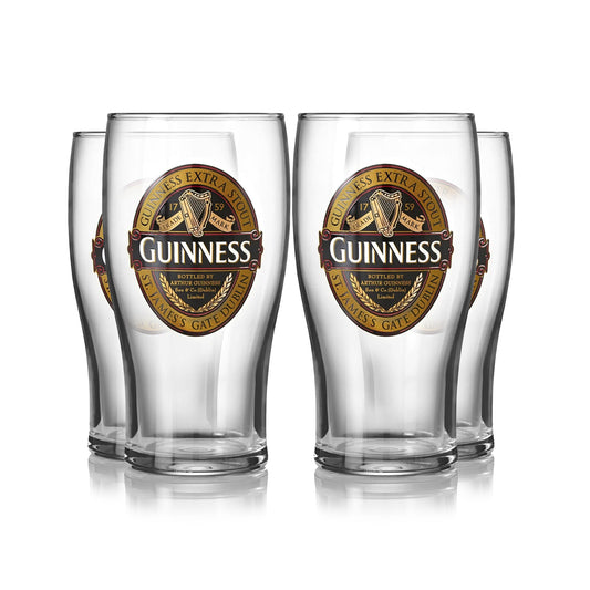 Four Guinness Classic Pint Glass 4 Pack on a white background.