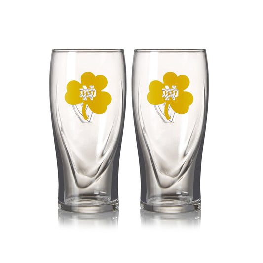 Two Notre Dame Guinness Shamrock 16oz Pint Glasses with two shamrocks on them.