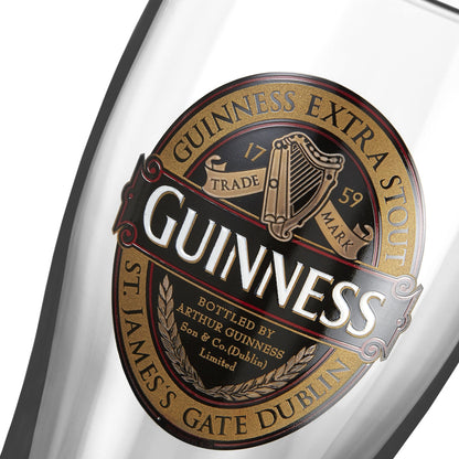 A close up of a Guinness Classic Pint Glass Twin Pack, official merchandise.